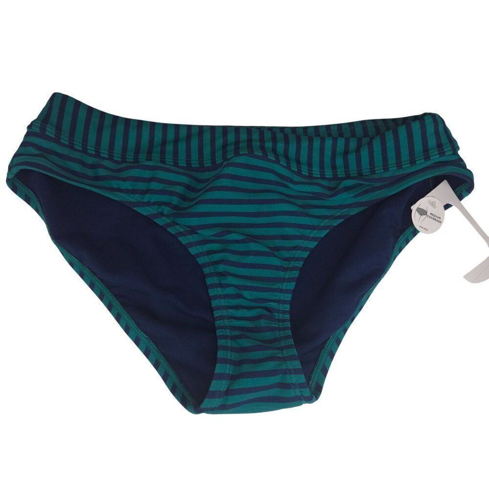 Striped Green Navy Blue Bikini Bottom Medium Coverage Swimwear Size M
